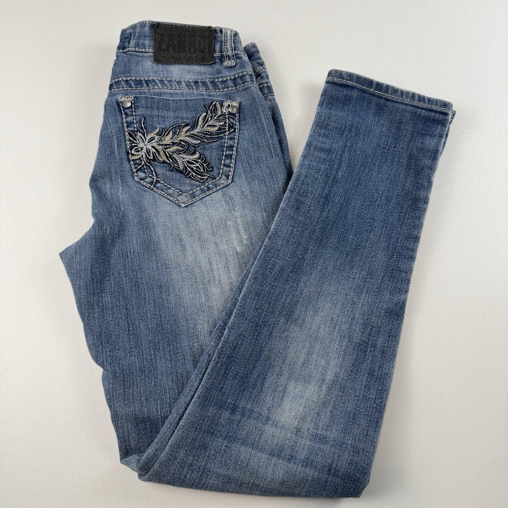 Zanadi Womens Skinny Jeans Medium Wash Distressed Embroidered Feather JJA80154 5